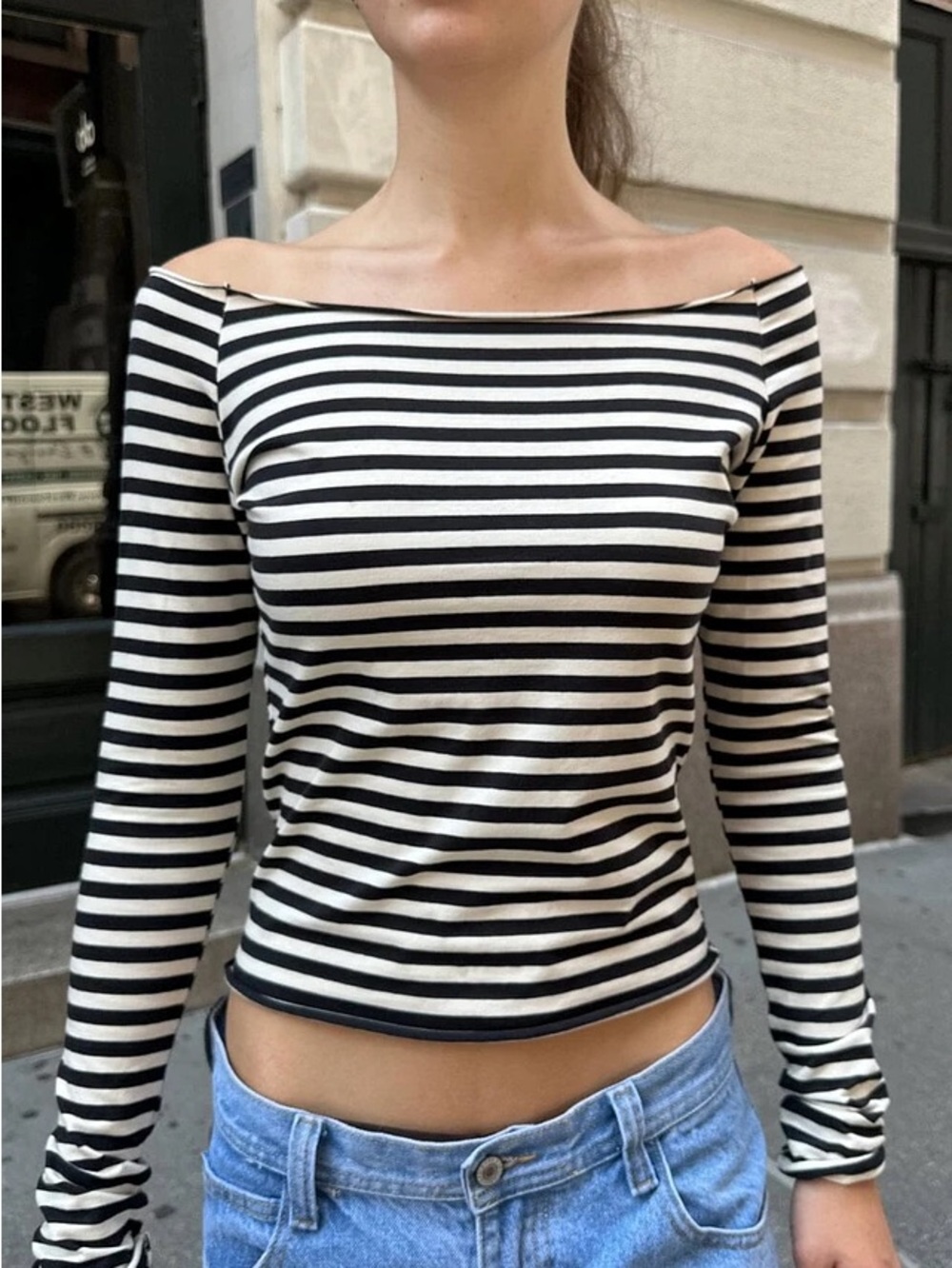 Brandy Melville Bonnie Striped Top - Black & White Off-Shoulder Long Sleeve
